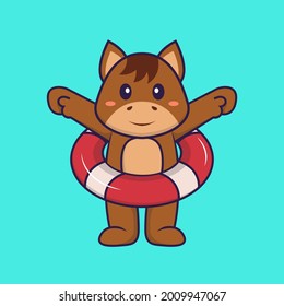 Cute horse using a float. Animal cartoon concept isolated. Can used for t-shirt, greeting card, invitation card or mascot.