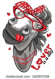 Cute horse waving his head in red glasses. Lover is a day- lettering quote. Humor card, t-shirt design, Pin-up style print. Vector illustration.