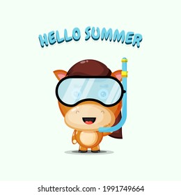 Cute horse wearing diving gear with summer greetings