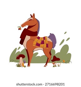 Lindo caballo con una Ilustración vectorial de bufanda. Obra de arte de temporada de otoño acogedor para tarjetas de otoño, diseño de niños, carteles, papelería, decoración de la guardería, proyectos de marca cálida.
