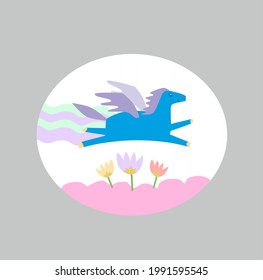 Cute horse with wings flies in the air leaving trail. Flowers grow on ground. Children's cartoon illustration on theme of happiness and serenity. Blue horse with lilac wings. Logo on theme of animals.