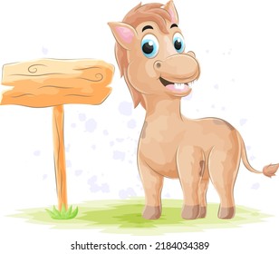 Cute Horse with Wood Sign Board , watercolor illustration