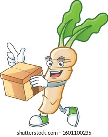 Cute horseradish cartoon character style holding a box