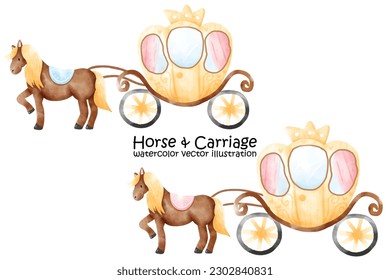 Cute horses carriage, Princess, fairytale, watercolor, vector illustration