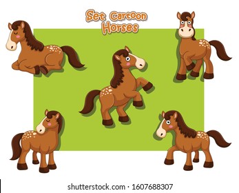 Cute Horses Cartoon Characters Set. Vector illustration With Cartoon Funny Animal Frame