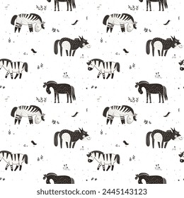 Cute horses grazing in a meadow, black and white seamless vector pattern