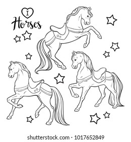 Cute horses and stars set isolated vector illustration. Coloring book pages for adults and kids.