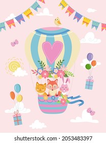 cute hot air balloon with animals birthday card template with presents vector illustration on pink