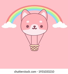 cute hot air balloon over the sky with rainbow. illustration. background. greeting card.