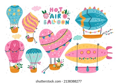 Cute hot air balloon. Patterned pretty design of flying vehicles with garlands. Different baskets and flowers. Funny various dome shapes. Aerial transport. Vector soaring