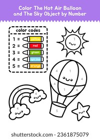 Página Cuidar El Globo De Aire Caliente Y Los Objetos Sky Color Por Colores De Número Para Niños