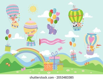 cute hot air balloons with animals birthday card template with presents vector illustration on blue sky