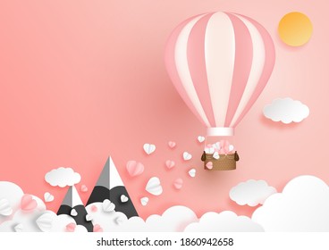 Cute hot air balloons decorated with baskets have paper hearts pink and white rising on the clouds and top mountain. Illustration of love for decoration Valentine's Day, Holiday, Celebration. Vector.