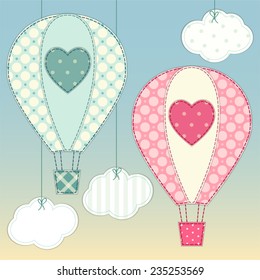 Cute hot air balloons as retro fabric applique in shabby chic style