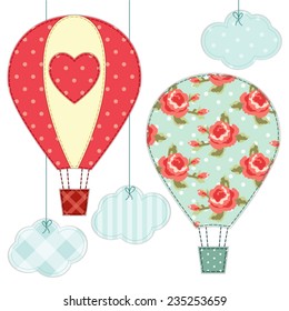 Cute hot air balloons as retro fabric applique in shabby chic style