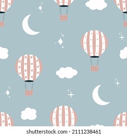 Cute hot air balloons in the sky seamless pattern. Cartoon children background with air transport. Hand drawn balloons, clouds, moon and stars in Scandinavian style. Kids poster.