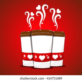 Cute hot big packaging coffee cups illustration. Love ,heart cartoon coffee with steam.