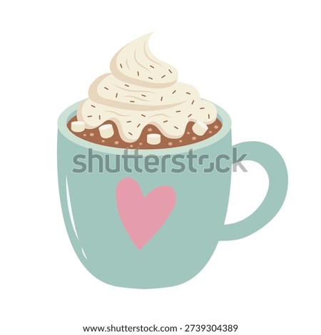 Cute hot chocolate or cocoa in a mug with whipped cream, sprinkles, and a pink heart.