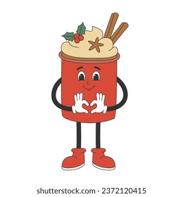 Cute hot chocolate cup character in groovy style. Cartoon character in trendy retro style for Christmas design. Isolated vector illustration 