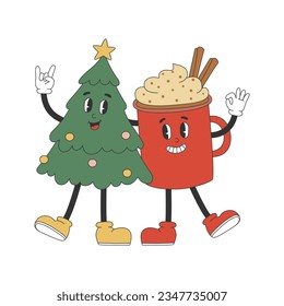 Cute hot chocolate cup and Christmas treein y2k groovy style. Cartoon characters in trendy retro style for Christmas design. Isolated vector illustration 