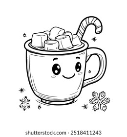 Cute Hot Chocolate Mug with Marshmallows and Candy Cane Representing Winter Holidays, Cozy Comfort, and Festive Drinks