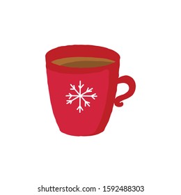 Cute hot chocolate in red mug isolated on a white background. Hand drawn cartoon style vector illustration.