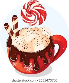 Cute Hot Cocoa Mug with Marshmallows, Chocolate Wafer Rolls and Swirl Lollipop. Cartoon Christmas Isolated Vector Graphic 