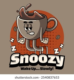 Cute Hot Coffee Cup Cartoon Character Mascot Vector Illustration in Vintage Retro 70s 80s Groovy Style for sticker, poster, flyer, brochure, invitation, greeting card, banner