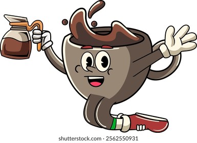 Cute Hot Coffee Cup Cartoon Character in Retro 70s Illustration