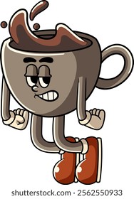 Cute Hot Coffee Cup Cartoon Character in Retro 70s Illustration