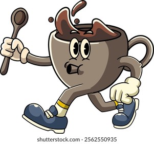 Cute Hot Coffee Cup Cartoon Character in Retro 70s Illustration