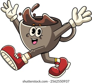 Cute Hot Coffee Cup Cartoon Character in Retro 70s Illustration