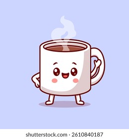 Cute Hot Coffee In Cup Cartoon Vector Icon Illustration. Drink Food Icon Concept Isolated Premium Vector. Flat Cartoon Style