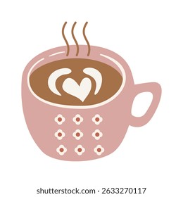 Cute hot coffee mug with steam and heart latte art, perfect for cozy, morning, and relaxation themes.
