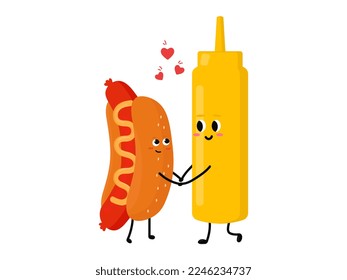 Cute Hot Dog and bottle of mustard falling in love. Love and Valentine's Day concept. Illustration isolated on white background.