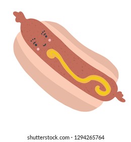 Cute hot dog in bun with mustard cartoon vector illustration. Hand drawn fast food frankfurter sausage clipart for kitchen foodie blog,  graphic element, snack vendor, restaurant web buttons.