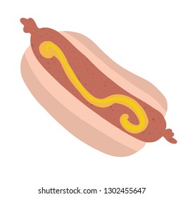 Cute hot dog in bun with mustard cartoon vector illustration. Hand drawn fast food frankfurter sausage clipart for kitchen foodie blog, graphic element, german snack vendor, restaurant web buttons.