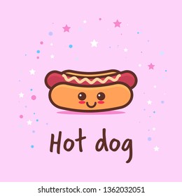 cute hot dog cartoon comic character with smiling face tasty fastfood happy emoji kawaii style classic american fast food concept