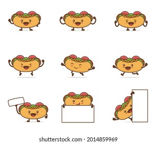 cute hot dog cartoon. with happy facial expressions and different poses, isolated on a white background