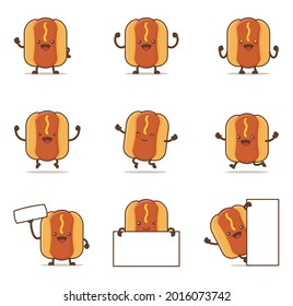 cute hot dog cartoon. with happy facial expressions and different poses, isolated on a white background