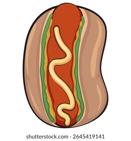cute hot dog cartoon vector illustration, funny fast food isolated on transparent background, work of hand drawn