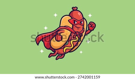 A cute hot dog character dressed as a superhero, complete with a mask and cape, flying through the air with a determined expression.
