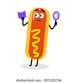 cute hot dog character holding book and magnifying glass illustration design