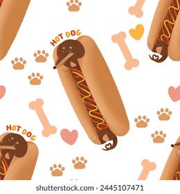 cute hot dog Dachshund dog in sausage bun seamless pattern