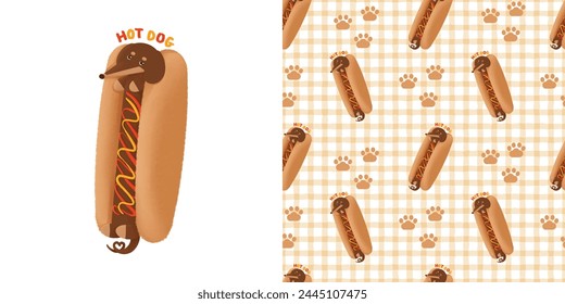 cute hot dog Dachshund dog in sausage bun seamless pattern