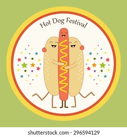 Cute Hot Dog flyer as smiling characters of buns and sausage hugging each other, can be used for Hot dog party or Festival or even Friendship Day Party