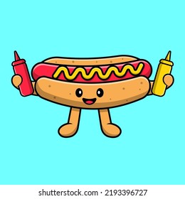 Cute Hot Dog Holding Mustard And Sauce Cartoon Vector Icon Illustration. Flat Cartoon Concept