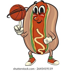 cute hot dog mascot cartoon vector illustration spin the basketball with the index finger, funny fast food character isolated on transparent background, work of hand drawn
