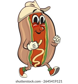 cute hot dog mascot cartoon vector illustration walking wearing a cowboy hat, funny fast food character isolated on transparent background, work of hand drawn