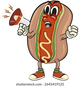 bonitinho mascote de cachorro quente vetor de desenhos animados ilustração em voz alta com alto-falante, personagem engraçado fast food isolado no fundo transparente, trabalho de mão desenhada